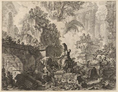 Frontispice, Fantasy of Ruins med en staty av Minerva i mitten av förgrunden, från Vedute di Roma (Utsikt över Rom) av Giovanni Battista Piranesi