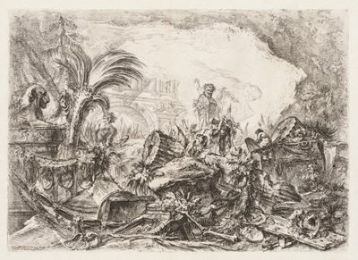 Groteschi: Ruiner med en staty av en faun och en fallen kolonn av Giovanni-Battista Piranesi