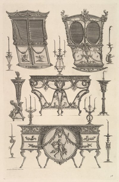 Verschiedene Möbel, darunter zwei Sänften, ein Beistelltisch und eine Kommode, ca. 1769 von Giovanni Battista Piranesi