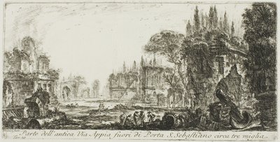 Teil der antiken Via Appia etwa drei Meilen außerhalb von Porta S. Sebastiano, Tafel 19 aus Einige Ansichten von Triumphbögen und anderen Denkmälern von Giovanni-Battista Piranesi