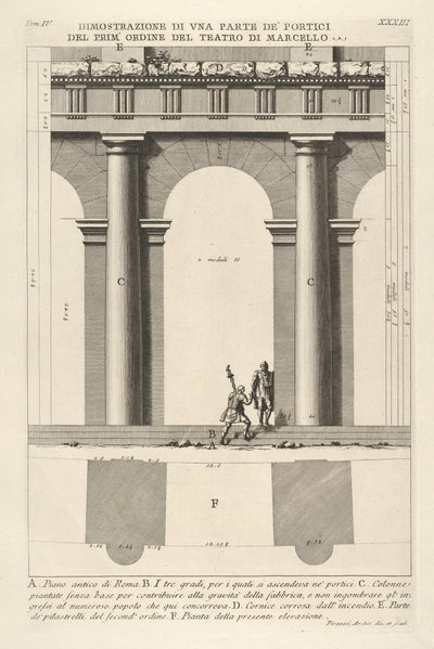 Delvis höjd och plan över första ordningens portik vid Marcellus Dimostr...s teater, 1756. av Giovanni Battista Piranesi