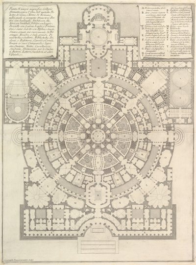 Plan av en rymlig och magnifik högskola designad efter Greelands gamla gymnasium, 1750. av Giovanni Battista Piranesi