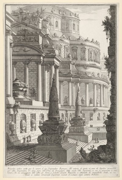 Plåt 3: Forntida mausoleum uppfört för askan efter en romersk kejsare Mausoleo antico ere..., 1743. av Giovanni Battista Piranesi
