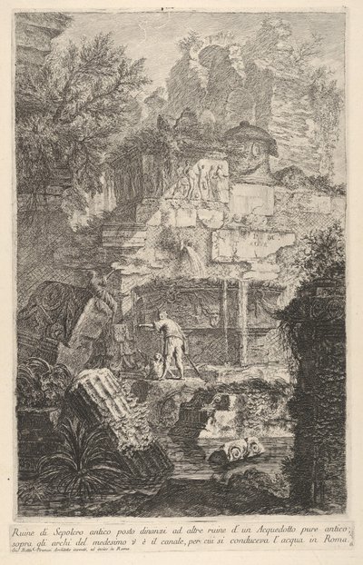 Plåt 6: Ruinerna av en forntida grav framför ruinerna av en gammal akvedukt, ovanför bågen..., 1743. av Giovanni Battista Piranesi