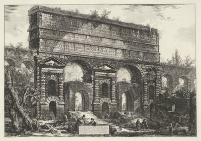 Porta Maggiore i Rom Utsikt över monumentet som restes av kejsar Titus Vespasianus (...) (titel på objektet) Gezichten op Rome (serietitel) Utsikt över Rom designad och graverad av Giambattista Piranesi-arkitekten Ve (nez) iano (serietitel) av Giovanni Battista Piranesi
