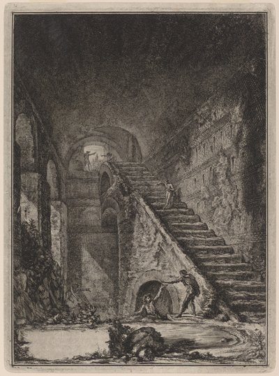 Perspektiv av trappan till vattenskyddsavdelningen för de förutnämnda bostäderna, omnämnd i plan på tavla XIII med lett. G. av Giovanni Battista Piranesi
