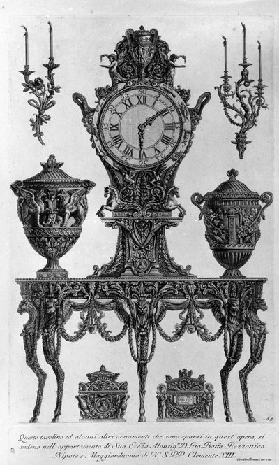 Tisch und Dekorationen für Bischof Batta Rezzonico, Neffe und Butler von Clemens XIII. Zeichnung von Giovanni Piranesi (bekannt als Piranese) (1720-1778). von Giovanni Battista Piranesi