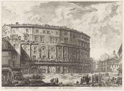 Marcellus teater. Denna byggdes av Augustus, och tillägnad hans brorson Marcellus (The Theatre of Marcellus. Denna byggnad byggdes av Augustus, och tillägnad hans brorson Marcellus), från Vedute di Roma (Utsikt över Rom) av Giovanni-Battista Piranesi