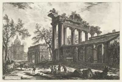 Tempel van Saturnus i Rom En annan vy av resterna av Pronaos från Concordiatemplet (titel på objektet) Gezichten op Rome (serietitel) Utsikter över Rom tecknade och graverade av Giambattista Piranesi-arkitekten Ve(nez)iano (serietitel) av Giovanni Battista Piranesi