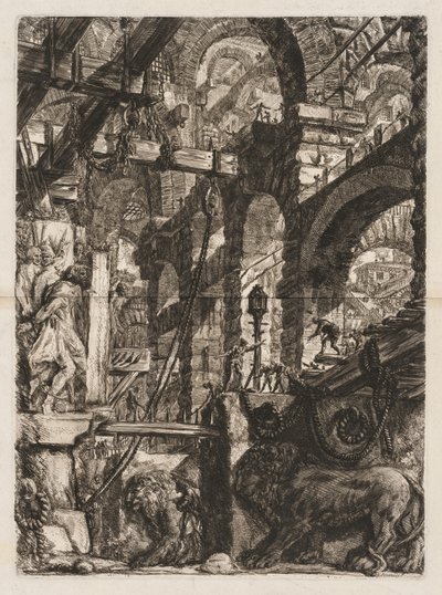 The Prisons: A Perspective of Roman Arches, med två lejon huggna i relief på stenplattor i förgrunden av Giovanni Battista Piranesi