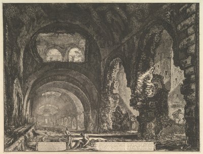Die sogenannte Villa des Maecenas in Tivoli. Innenansicht mit zwei Figuren in der Öffnung von..., ca. 1764 von Giovanni Battista Piranesi