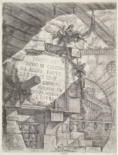 Titeltryck med ansikte i fängelsehålan och titel på vägg Dungeons (serietitel) Invenzioni Capric di Carceri all Acqua Forte (serietitel på objekt) av Giovanni Battista Piranesi