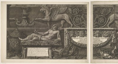 Titeltryck med skulpturer, snidade reliefer och en sarkofag med titel Vaser, ljusstakar, gravstenar, sarkofager, stativ, lampor och ornament designade och graverade av Giovanni Battista Piranesi (serietitel) Vasi, kandelabri, cippi, sarkofager av Giovanni-Battista Piranesi
