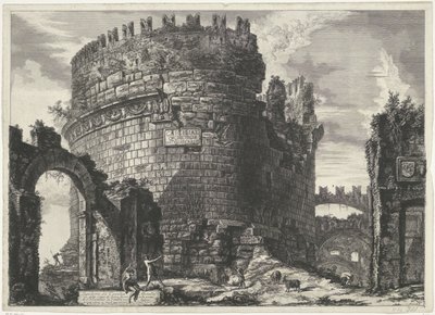 Tombe van Caecilia Metella te Rom Cecilia Metells grav (...) (titel på objekt) Gezichten op Rome (serietitel) Utsikt över Rom designad och graverad av Giambattista Piranesi-arkitekten Ve (nez) iano (serietitel) av Giovanni-Battista Piranesi