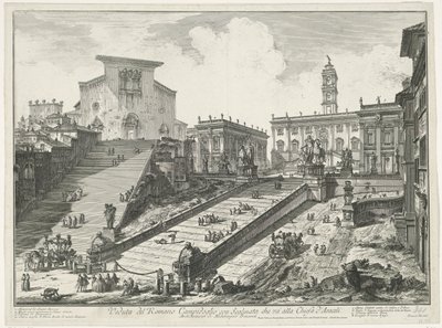 Trappen till Piazza del Campidoglio en de Santa Maria i Aracoeli te Rom Utsikt över den romerska Capitolium med trappa som leder till kyrkan Araceli (titel på objektet) Gezichten op Rome (serietitel) Vy över Rom tecknade och graverade av Giambattista Pira av Giovanni-Battista Piranesi
