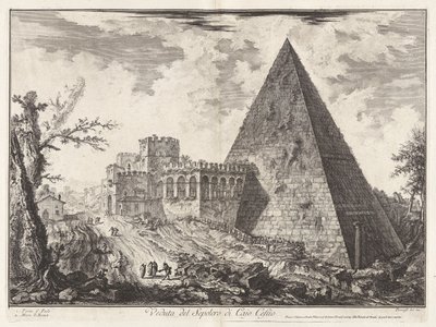Utsikt över Sepolcro di Cajo Cestio (Utsikt över Caius Cestius pyramidalgrav [med Porta S. Paolo till vänster]), från Vedute di Roma (Utsikt över Rom) av Giovanni Battista Piranesi