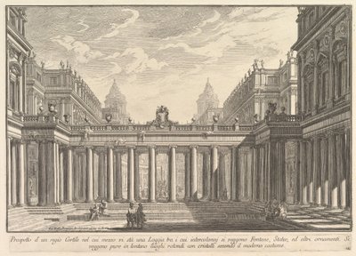 Utsikt över en innergård med en loggia, fontäner, statyer och andra prydnadsföremål Prospetto ..., ca. 1750. av Giovanni Battista Piranesi
