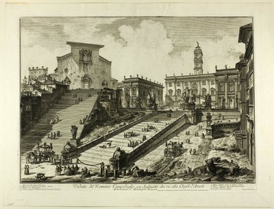 Utsikt över Capitoline Hill med trappstegen till kyrkan S. Maria i Aracoeli, från utsikt över Rom av Giovanni-Battista Piranesi