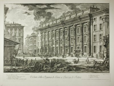 Ansicht des Zollhauses auf der Piazza di Pietra, das innerhalb der Ruinen des Tempels von Marcus Aurelius Antoninus Pius in seinem Forum erbaut wurde, aus Ansichten von Rom von Giovanni-Battista Piranesi