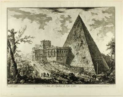Utsikt över Cestius pyramidalgrav, från utsikt över Rom av Giovanni-Battista Piranesi