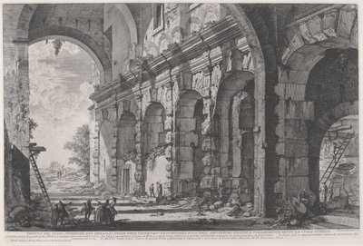 Utsikt över den övre våningen i Burarna för vilda djur byggda av kejsar Domitianus, förknippade med den flaviska amfiteatern och vanligen kallad Curia Hostilia, c.1760-1778 (etsning) av Giovanni Battista Piranesi