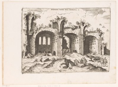 Gezicht op de Basilica van Maxentius i Rom Utsikt över ruinerna av Fredens tempel (titel på objektet) Romerska ruiner (serietitel) Några viktiga monument från den romerska antiken (...) (serietitel) av Giovanni Battista Pittoni (I)