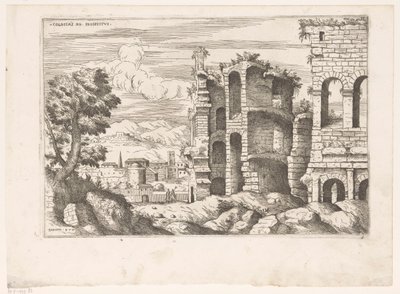 Utsikt över Colosseum och omgivningen i Rom Colosseum ro prospekt (titel på objekt) Romerska ruiner (serietitel) Några viktiga monument från den romerska antiken (...) (serietitel) av Giovanni Battista Pittoni (I)