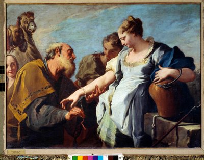 Eliezer och Rebecca Eliezer, Abrahams tjänare, anklagade för att hitta en hustru åt sin son Isak, träffade Rebecca, som följde efter honom för att gifta sig med den unge mannen av Giovanni Battista Pittoni