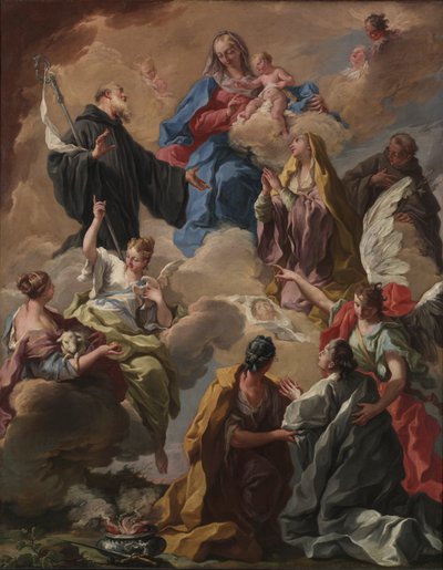 Helgon som presenterar en from kvinna för Jungfru Maria med barnet av Giovanni Battista Pittoni