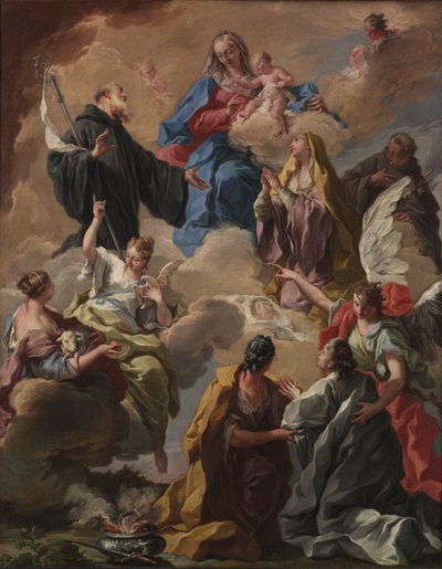 Heliga presenterar en troende kvinna för jungfrun och barnet, 1720-talet. av Giovanni Battista Pittoni