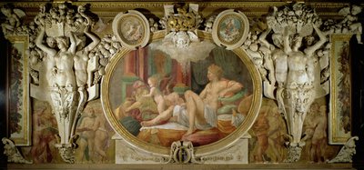 Danae, detalj av dekorativt schema i Francis I:s galleri, 1530-40 fresk av Giovanni Battista Rosso Fiorentino