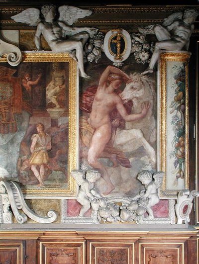 Kvinnlig figur med häst, från Francis I:s galleri, 1530-40 av Giovanni Battista Rosso Fiorentino