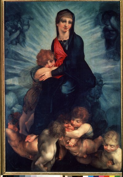 Jungfrun och barnet med änglar (Jungfrun och barnet med änglar). Målning av Fiorentino Rosso (1495-1540). Olja på duk av Giovanni Battista Rosso Fiorentino