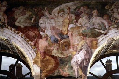 Parnassus, detalj av dekorativt schema i Francis I:s galleri av Giovanni Battista Rosso Fiorentino