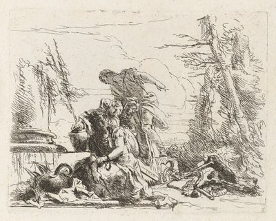 En kvinna med armarna i kedjor och fyra andra figurer, från Vari capricci (Various Capriccios) av Giovanni Battista Tiepolo