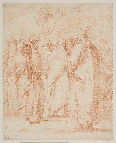 En grupp män samlades framför en port av Giovanni Battista Tiepolo