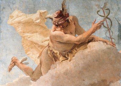 Detalj av Merkurius, från Merkurius som uppmanar Aeneas att lämna Kartago, från Aeneidens rum i Palazzina, 1757 av Giovanni Battista Tiepolo