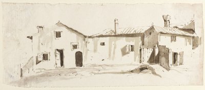 Gårdsbyggnader med öppna dörrar, bro och grind av Giovanni Battista Tiepolo