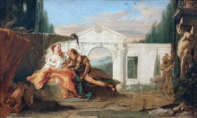 Tyska:  Rinaldo und Armida im Zaubergarten Armidas, von Carlo und Ubaldo belauscht Rinaldo och Armida i Armidas magiska trädgård, avlyssnade av Carlo och Ubaldo av Giovanni Battista Tiepolo