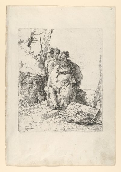 Trollkarl med fyra figurer nära ett rykande altare, från Scherzi, ca. 1743-52. av Giovanni Battista Tiepolo