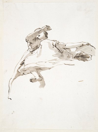 Lutande kvinnofigur, vänster hand vilande på jordklotet, höger arm upplyft framför ansiktet, sett underifrån av Giovanni Battista Tiepolo