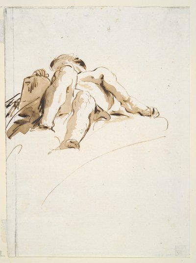 Liggande manlig naken med höger hand vilande på en stentavla, sedd underifrån av Giovanni Battista Tiepolo