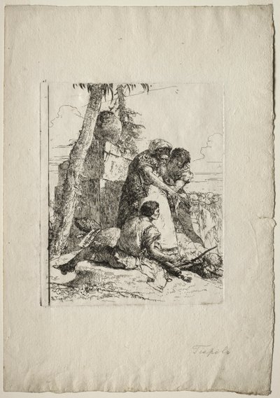 Scherzi di Fantasia: Trollkarl som pekar ut ett brinnande huvud till två ungdomar av Giovanni Battista Tiepolo