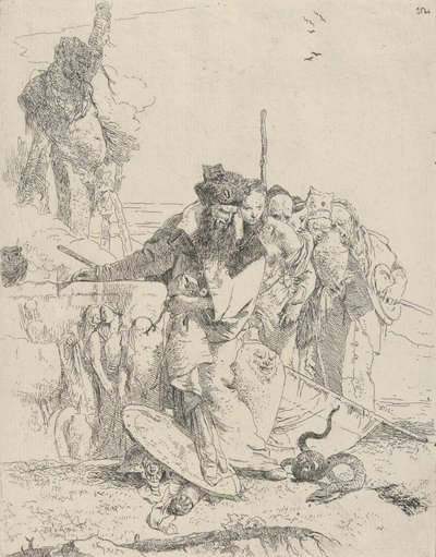 Sex personer tittar på en orm, från Scherzi, ca. 1743-50. av Giovanni Battista Tiepolo