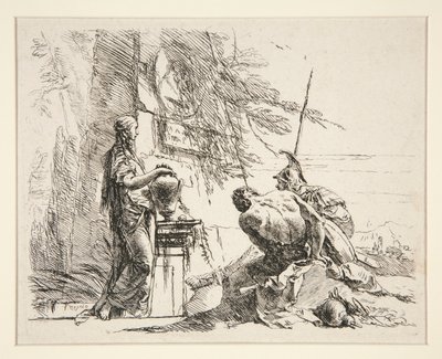 Stående kvinna och sittande man framför en obelisk, från serien Vari Capricci av Giovanni-Battista Tiepolo