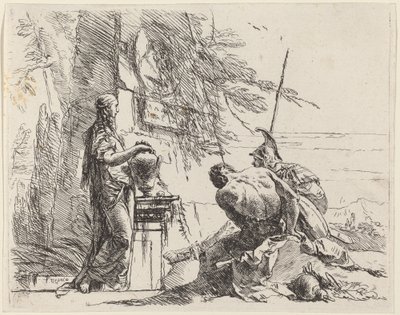 Stående kvinna och sittande män framför en obelisk av Giovanni Battista Tiepolo