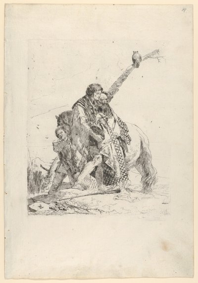 Tre män som står bredvid en häst, från Scherzi, ca. 1740. av Giovanni Battista Tiepolo