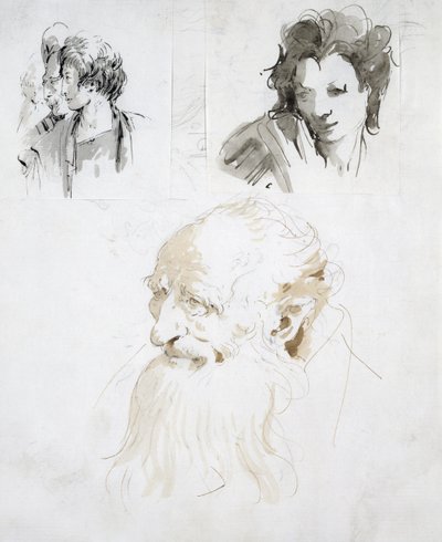 Tre studier av huvuden (penna, bläck och tvätt på papper) av Giovanni Battista Tiepolo