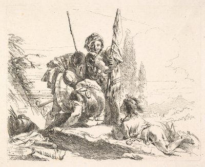 Tre soldater och en yngling som ligger på magen i ett landskap, soldaterna bär en..., ca. 1740-42. av Giovanni Battista Tiepolo