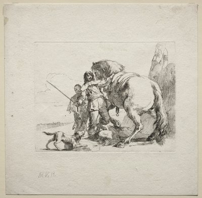 Olika Caprices: The Cavalier Mounting his Horse, 1785. av Giovanni Battista Tiepolo